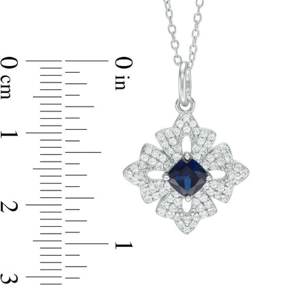 5.0mm Cushion-Cut Lab-Created Blue Sapphire and White Topaz Floral Pendant in Sterling Silver