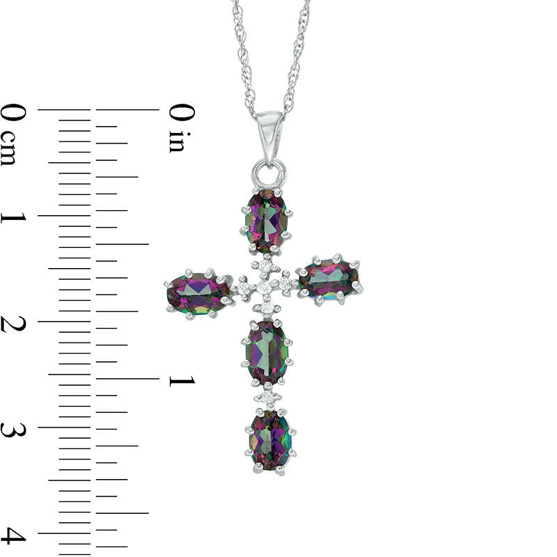 Oval Mystic Fire« Topaz and 0.05 CT. T.W. Natural Diamond Cross Pendant in Sterling Silver