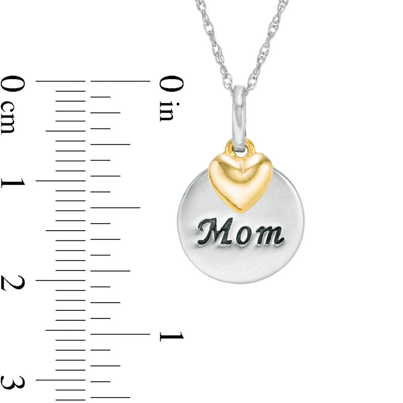 Mom" Round Disc Pendant with Puffed Heart Charm in 10K Two-Tone Gold"
