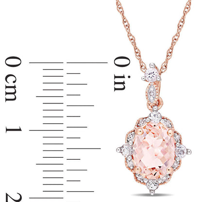 Oval Morganite, White Sapphire and Natural Diamond Accent Antique Vintage-Style Drop Pendant in 10K Rose Gold - 17