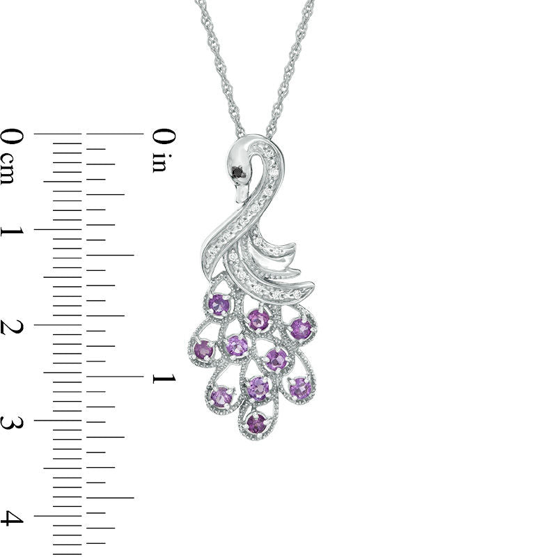 Amethyst, Lab-Created White Sapphire and Black Diamond Accent Peacock Pendant in Sterling Silver