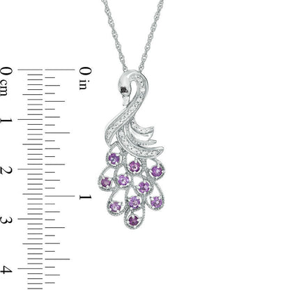 Amethyst, Lab-Created White Sapphire and Black Diamond Accent Peacock Pendant in Sterling Silver