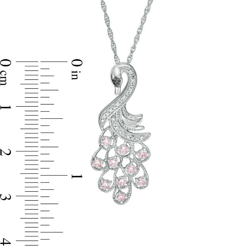 Lab-Created Pink and White Sapphire with Black Diamond Accent Peacock Pendant in Sterling Silver