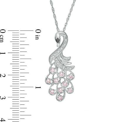 Lab-Created Pink and White Sapphire with Black Diamond Accent Peacock Pendant in Sterling Silver