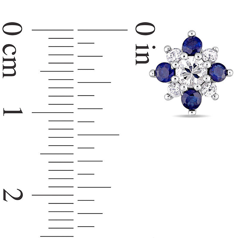 Blue and White Sapphire Flower Stud Earrings in 14K White Gold