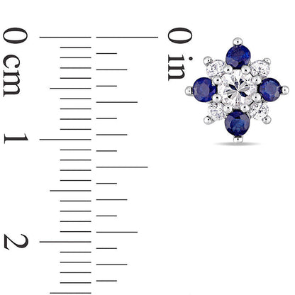 Blue and White Sapphire Flower Stud Earrings in 14K White Gold