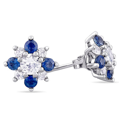 Blue and White Sapphire Flower Stud Earrings in 14K White Gold