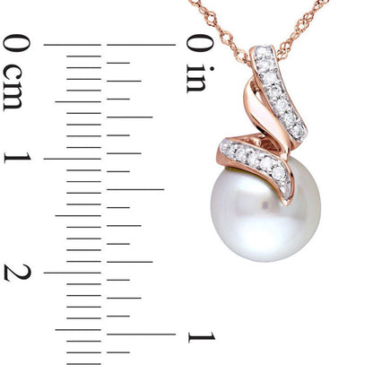 9.5 - 10.0mm Cultured Freshwater Pearl and 0.1 CT. T.W. Natural Diamond Cascading Ribbon Pendant in 10K Rose Gold - 17