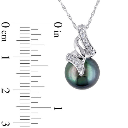 9.5 - 10.0mm Black Cultured Tahitian Pearl and 0.1 CT. T.W. Natural Diamond Cascading Ribbon Pendant in 10K White Gold - 17