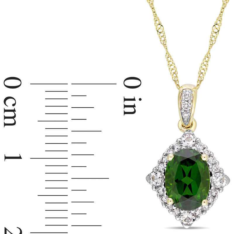 Oval Chrome Diopside, White Sapphire and 0.1 CT. T.W. Natural Diamond Frame Pendant in 14K Gold - 17