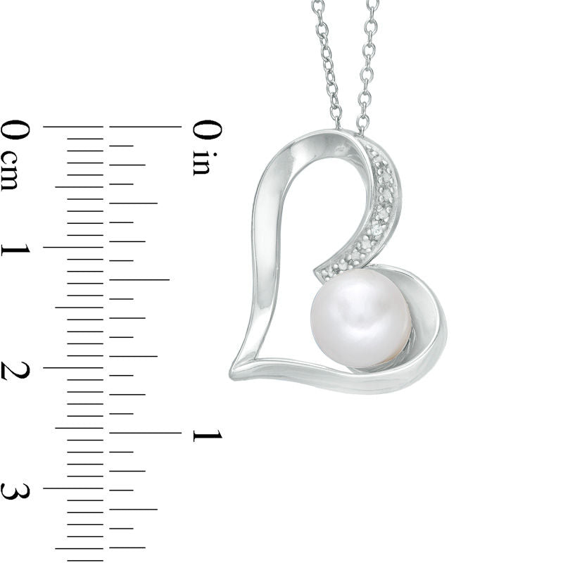 7.5 - 8.0mm Button Cultured Freshwater Pearl and Lab-Created White Sapphire Tilted Heart Pendant in Sterling Silver