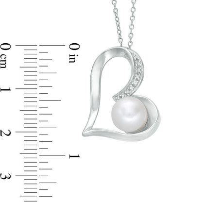 7.5 - 8.0mm Button Cultured Freshwater Pearl and Lab-Created White Sapphire Tilted Heart Pendant in Sterling Silver