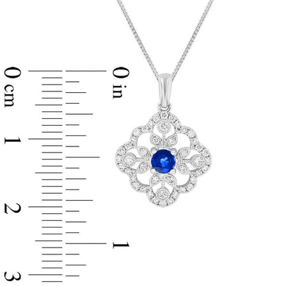 Blue Sapphire and 0.33 CT. T.W. Natural Diamond Ornate Floral Pendant in 14K White Gold