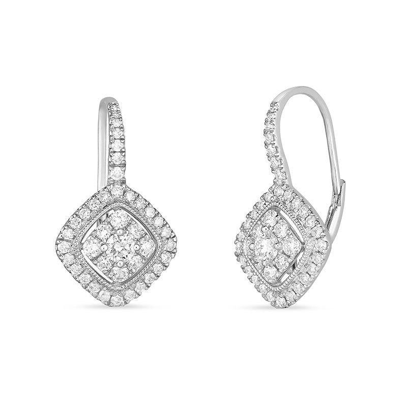 1 CT. T.W. Diamond Tilted Cushion Frame Vintage-Style Drop Earrings in 14K White Gold