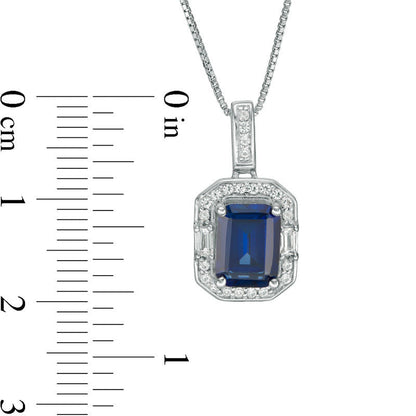 Emerald-Cut Lab-Created Blue and White Sapphire Frame Pendant in Sterling Silver