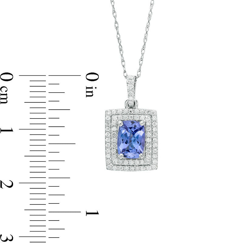 Cushion-Cut Tanzanite and 0.2 CT. T.W. Natural Diamond Double Rectangle Frame Pendant in 14K White Gold