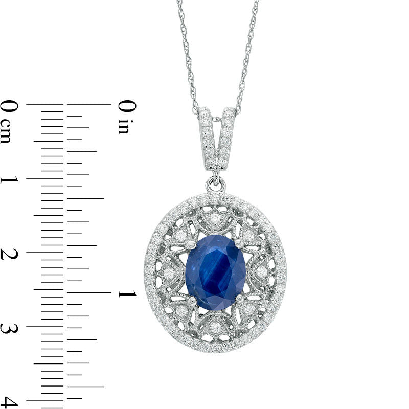 Oval Blue Sapphire and 0.63 CT. T.W. Natural Diamond Art Deco Frame Pendant in 14K White Gold