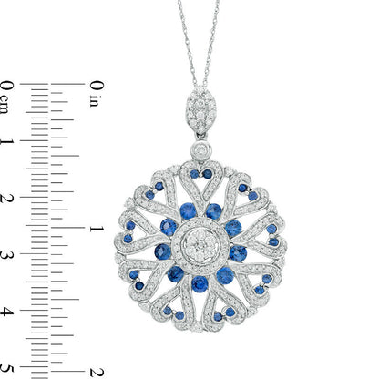 Blue Sapphire and 1 CT. T.W. Natural Diamond Heart Medallion Pendant in 14K White Gold