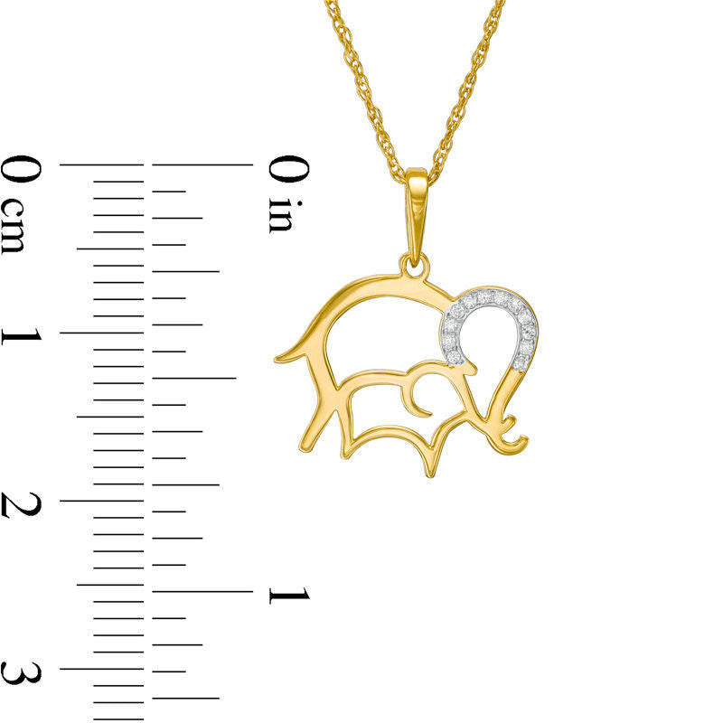 Natural Diamond Accent Laser-Cut Elephant and Calf Pendant in 10K Yellow Gold