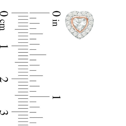 4.0mm Lab-Created White Sapphire Framed Heart Stud Earrings in Sterling Silver and 14K Rose Gold Plate