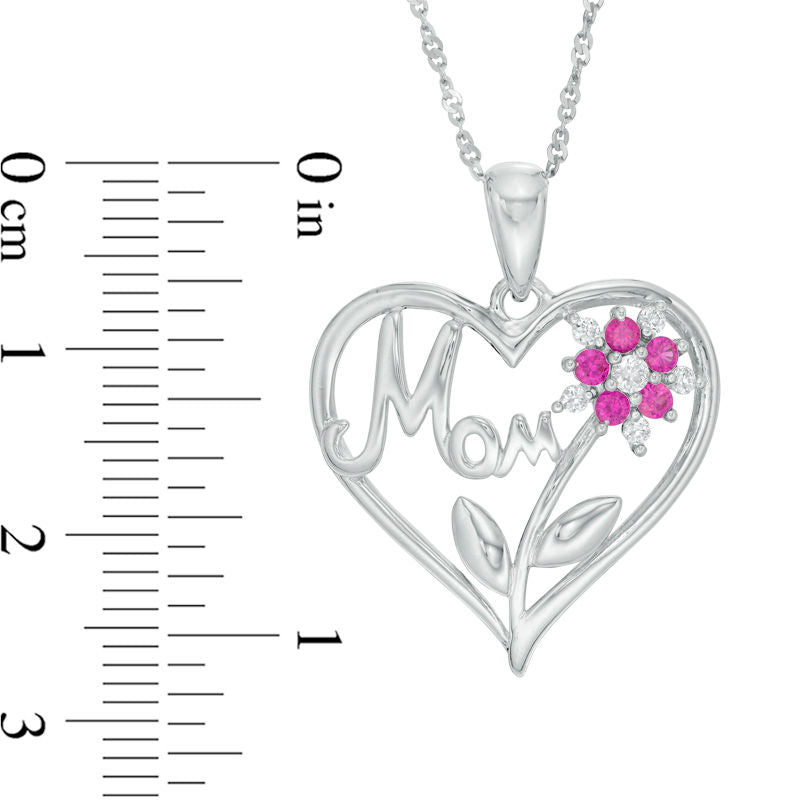 Lab-Created Ruby and White Sapphire Mom" Flower Heart Pendant in Sterling Silver"