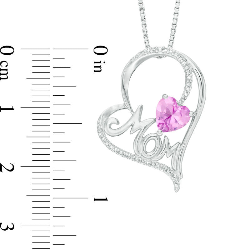 6.0mm Lab-Created Pink Sapphire and 0.07 CT. T.W. Diamond MOM" Tilted Heart Pendant in Sterling Silver"