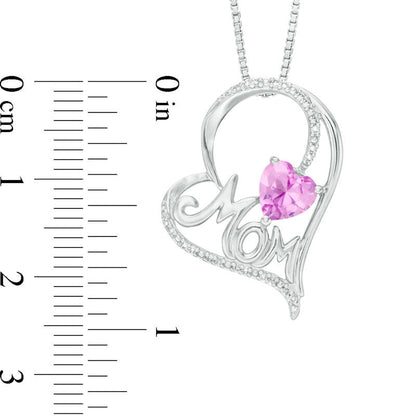 6.0mm Lab-Created Pink Sapphire and 0.07 CT. T.W. Diamond MOM" Tilted Heart Pendant in Sterling Silver"