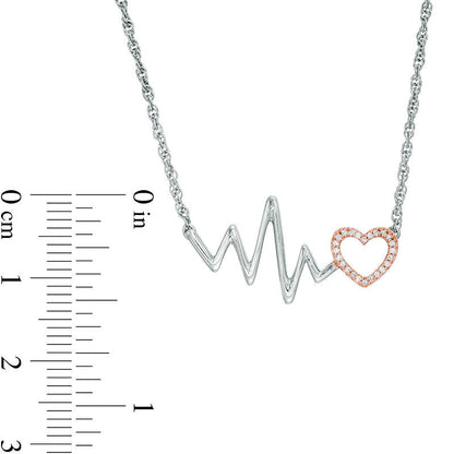 0.05 CT. T.W. Natural Diamond Heartbeat and Heart Necklace in Sterling Silver and 10K Rose Gold - 17