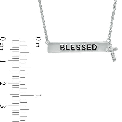 Natural Diamond Accent BLESSED" Bar and Cross Charm Necklace in Sterling Silver - 17""
