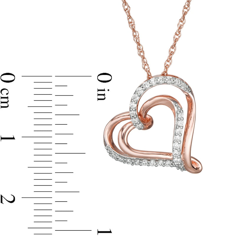 0.25 CT. T.W. Natural Diamond Double Tilted Heart Pendant in 10K Rose Gold