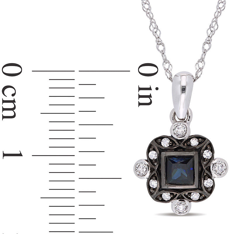 Princess-Cut Blue Sapphire and 0.05 CT. T.W. Natural Diamond Art Deco Drop Pendant in 10K White Gold and Black Rhodium - 17
