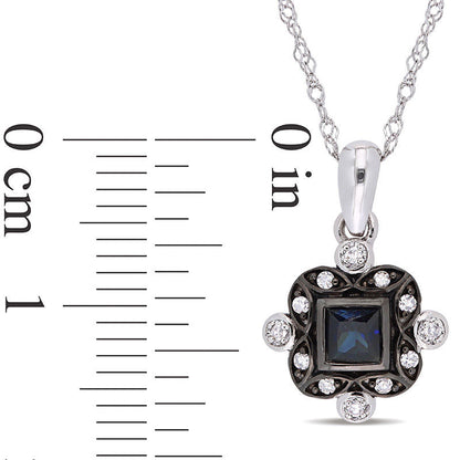 Princess-Cut Blue Sapphire and 0.05 CT. T.W. Natural Diamond Art Deco Drop Pendant in 10K White Gold and Black Rhodium - 17
