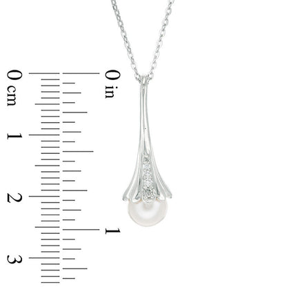 7.0mm Cultured Freshwater Pearl and Natural Diamond Accent Flower Drop Pendant in Sterling Silver