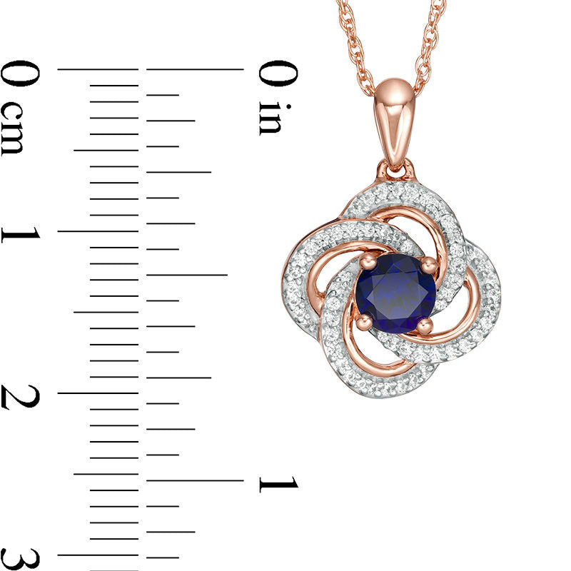5.0mm Lab-Created Blue Sapphire and 0.17 CT. T.W. Diamond Flower Swirl Frame Pendant in 10K Rose Gold