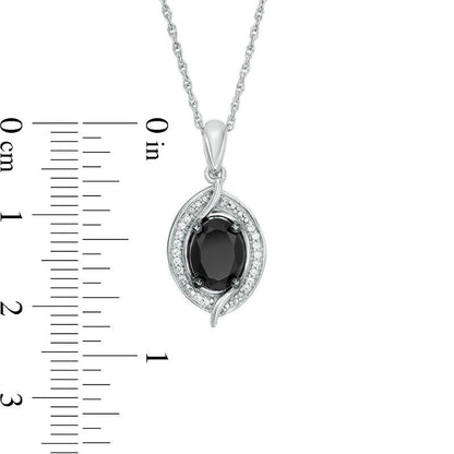 Oval Lab-Created Black Sapphire and 0.05 CT. T.W. Diamond Bead Bypass Swirl Frame Pendant in Sterling Silver