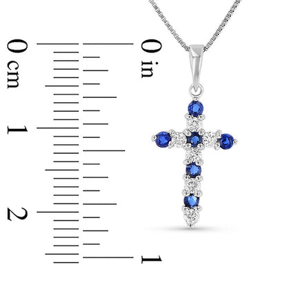 Blue Sapphire and 0.17 CT. T.W. Natural Diamond Alternating Motif Cross Pendant in 14K White Gold
