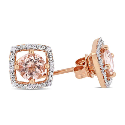 5.0mm Morganite and 0.07 CT. T.W. Diamond Cushion Frame Stud Earrings in 10K Rose Gold