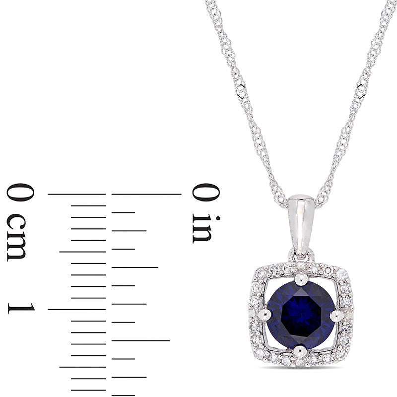 6.0mm Lab-Created Blue Sapphire and 0.1 CT. T.W. Diamond Cushion Frame Pendant in 10K White Gold - 17