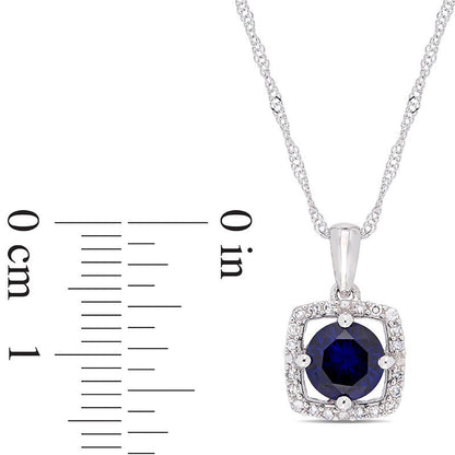6.0mm Lab-Created Blue Sapphire and 0.1 CT. T.W. Diamond Cushion Frame Pendant in 10K White Gold - 17