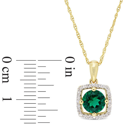 6.0mm Lab-Created Emerald and 0.1 CT. T.W. Diamond Cushion Frame Pendant in 10K Yellow Gold - 17