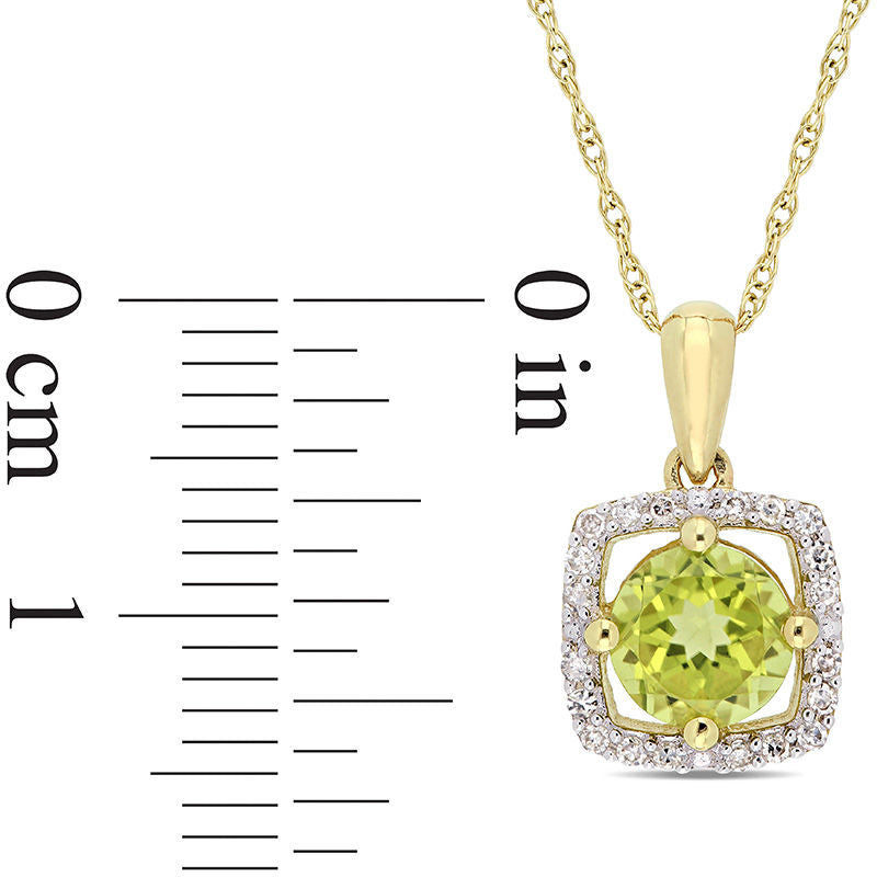 6.0mm Peridot and 0.1 CT. T.W. Natural Diamond Cushion Frame Pendant in 10K Yellow Gold - 17