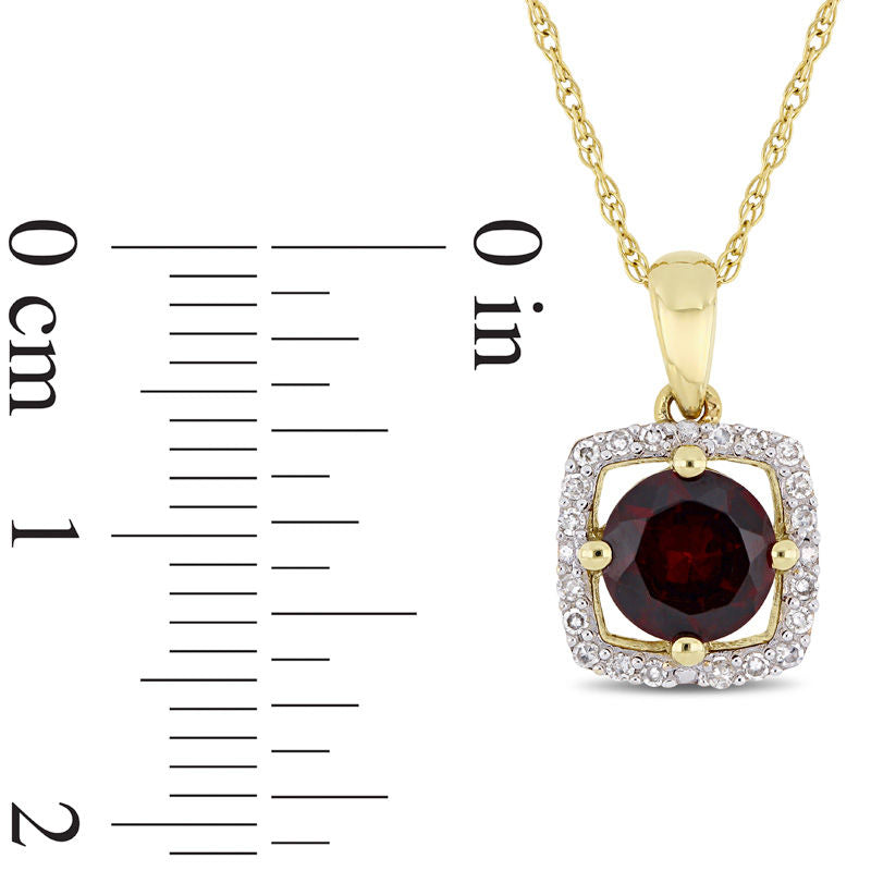 6.0mm Garnet and 0.1 CT. T.W. Natural Diamond Cushion Frame Pendant in 10K Yellow Gold - 17