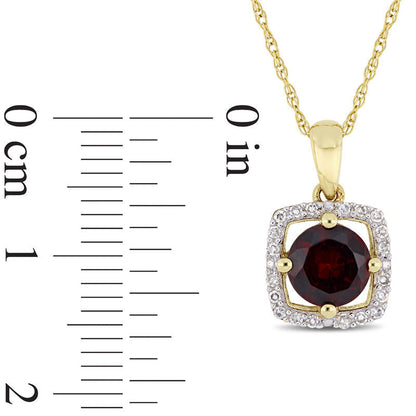 6.0mm Garnet and 0.1 CT. T.W. Natural Diamond Cushion Frame Pendant in 10K Yellow Gold - 17