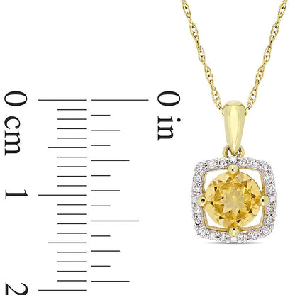 6.0mm Citrine and 0.1 CT. T.W. Natural Diamond Cushion Frame Pendant in 10K Yellow Gold - 17