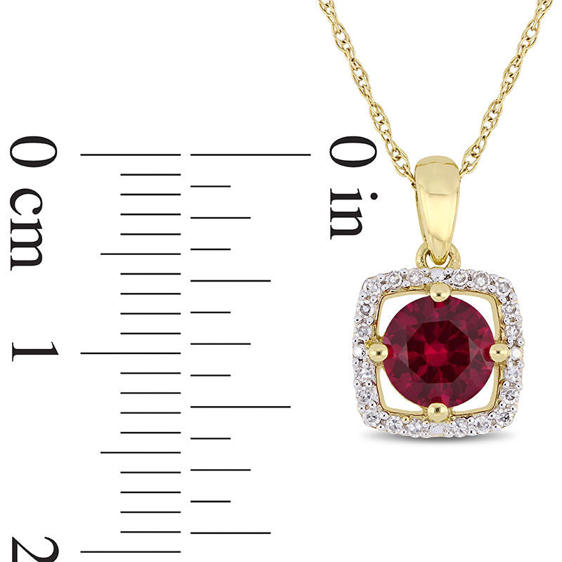 6.0mm Lab-Created Ruby and 0.1 CT. T.W. Diamond Cushion Frame Pendant in 10K Yellow Gold - 17