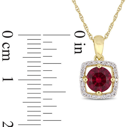 6.0mm Lab-Created Ruby and 0.1 CT. T.W. Diamond Cushion Frame Pendant in 10K Yellow Gold - 17