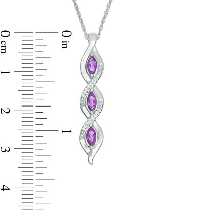 Marquise Amethyst and 0.05 CT. T.W. Natural Diamond Cascading Frame Triple Drop Pendant in Sterling Silver