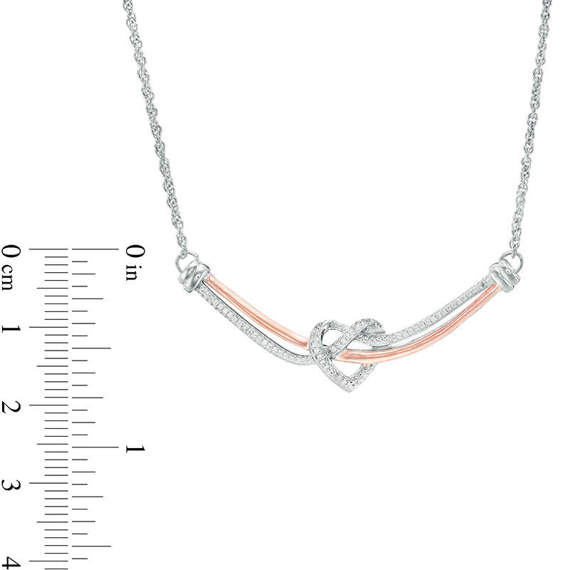 0.17 CT. T.W. Natural Diamond Love Knot Heart Curved Bar Necklace in Sterling Silver and 10K Rose Gold - 16.37