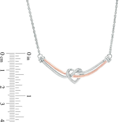 0.17 CT. T.W. Natural Diamond Love Knot Heart Curved Bar Necklace in Sterling Silver and 10K Rose Gold - 16.37