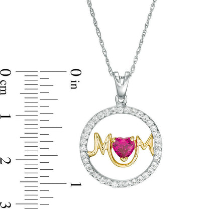 5.0mm Heart-Shaped Lab-Created Ruby and White Sapphire Frame MOM" Circle Pendant in Sterling Silver and 14K Gold Plate"